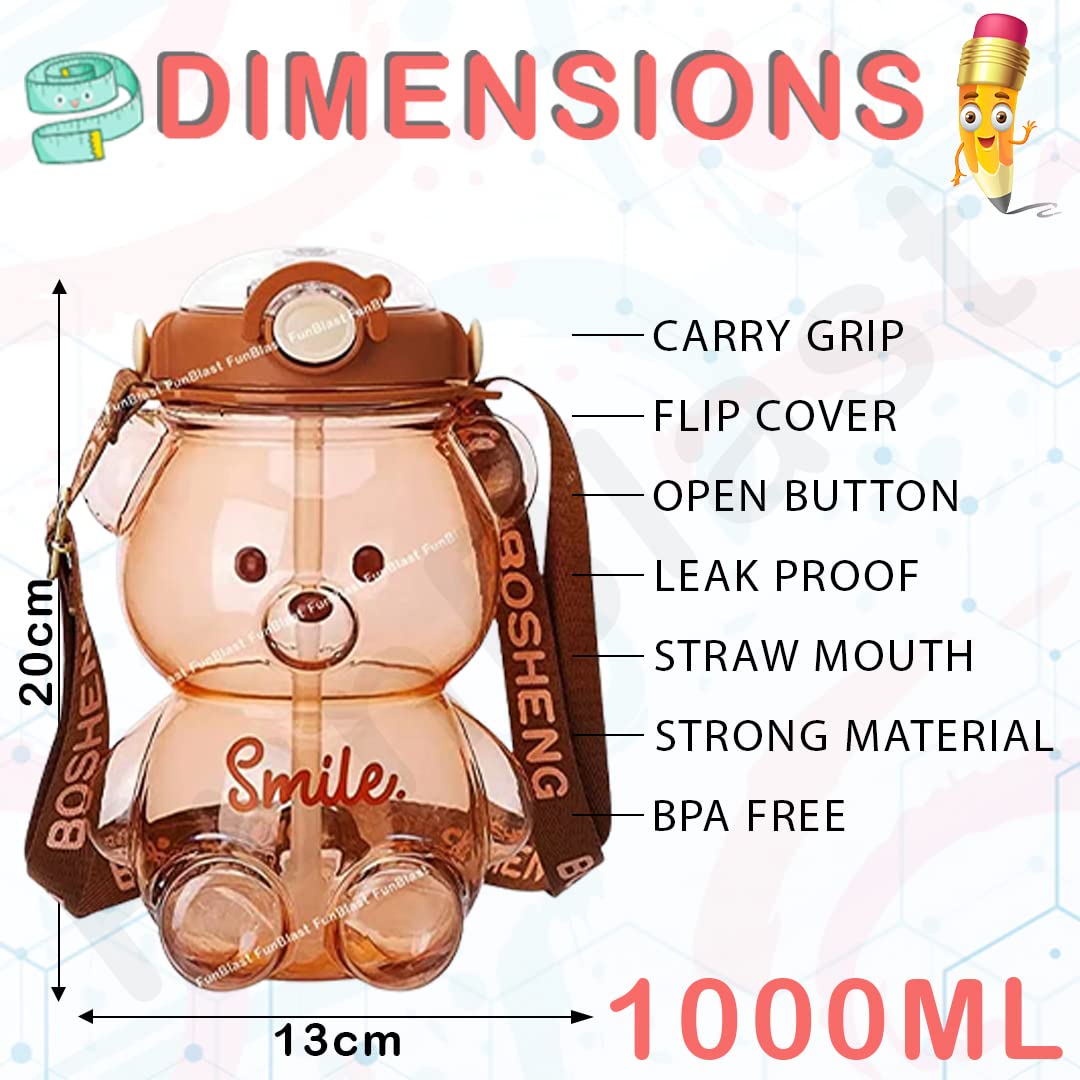 Cute Bear Water Bottle 1000 ML Large-Capacity, Anti-Leak Kids Water Bottle, BPA Free Cartoon Animal Design Water Bottle with Straw (White, Polycarbonate, Polypropylene, Pack of 1)