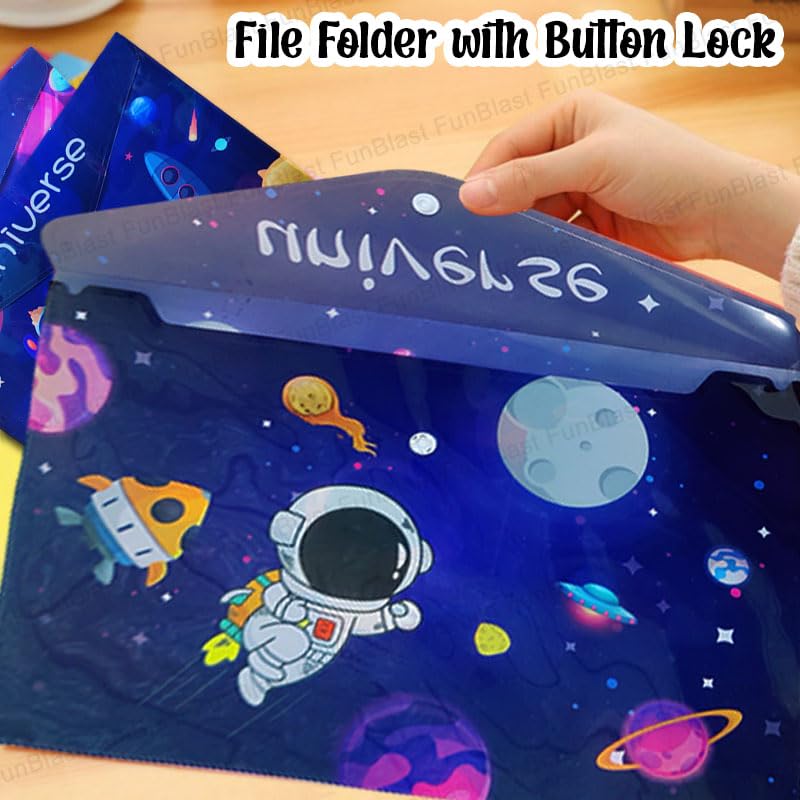 Space Astronaut File Folder with Button Lock – Pack of 12 Pcs Space Theme Certificates Holder, A4 Size Document Organizer Bag - Assorted Design