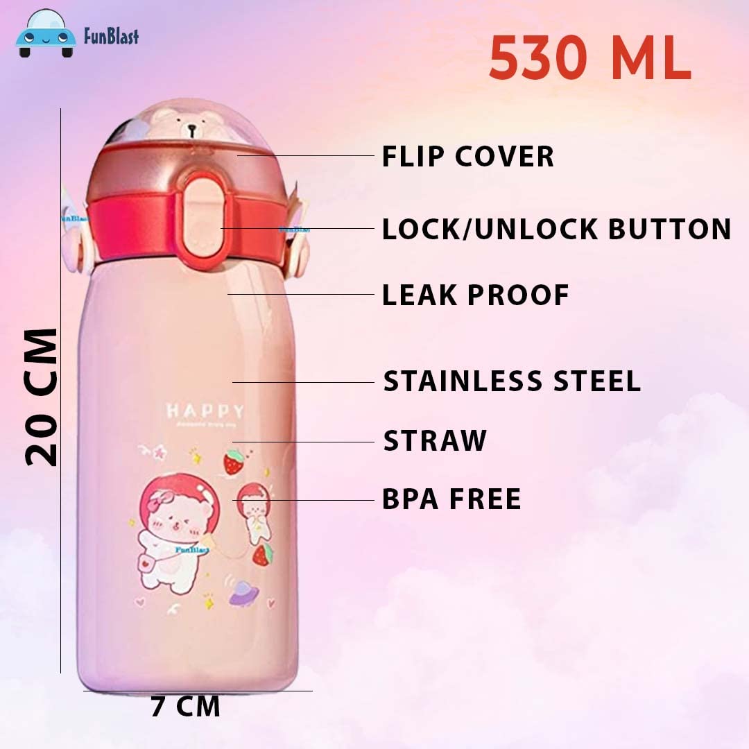 Cartoon Design Hot and Cold Water Bottle for Kids - Double Walled Vacuum Insulated Stainless Steel Bottle, Double-Wall Thermos Flask with Straw (530 Ml)