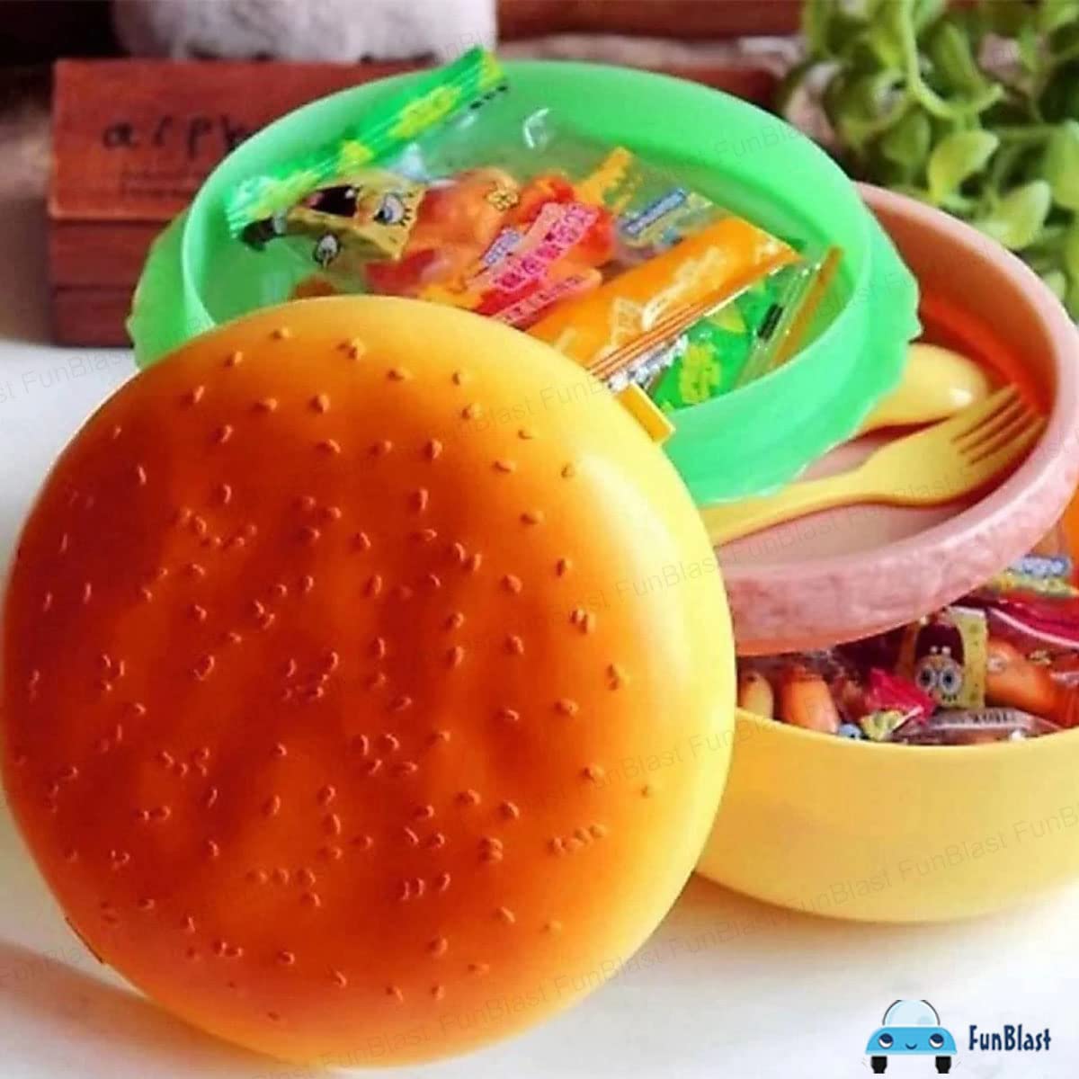 Burger Shape Lunch Box for Kids - Lunch Box for Kids, Tiffin Box, Lunch Box Leak Proof Plastic Lunch Box, Lunch Box with Compartments