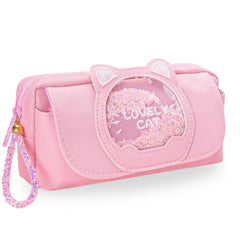 Cat Design Stationery Pouch with Zipper Lock for Girls (Pink)