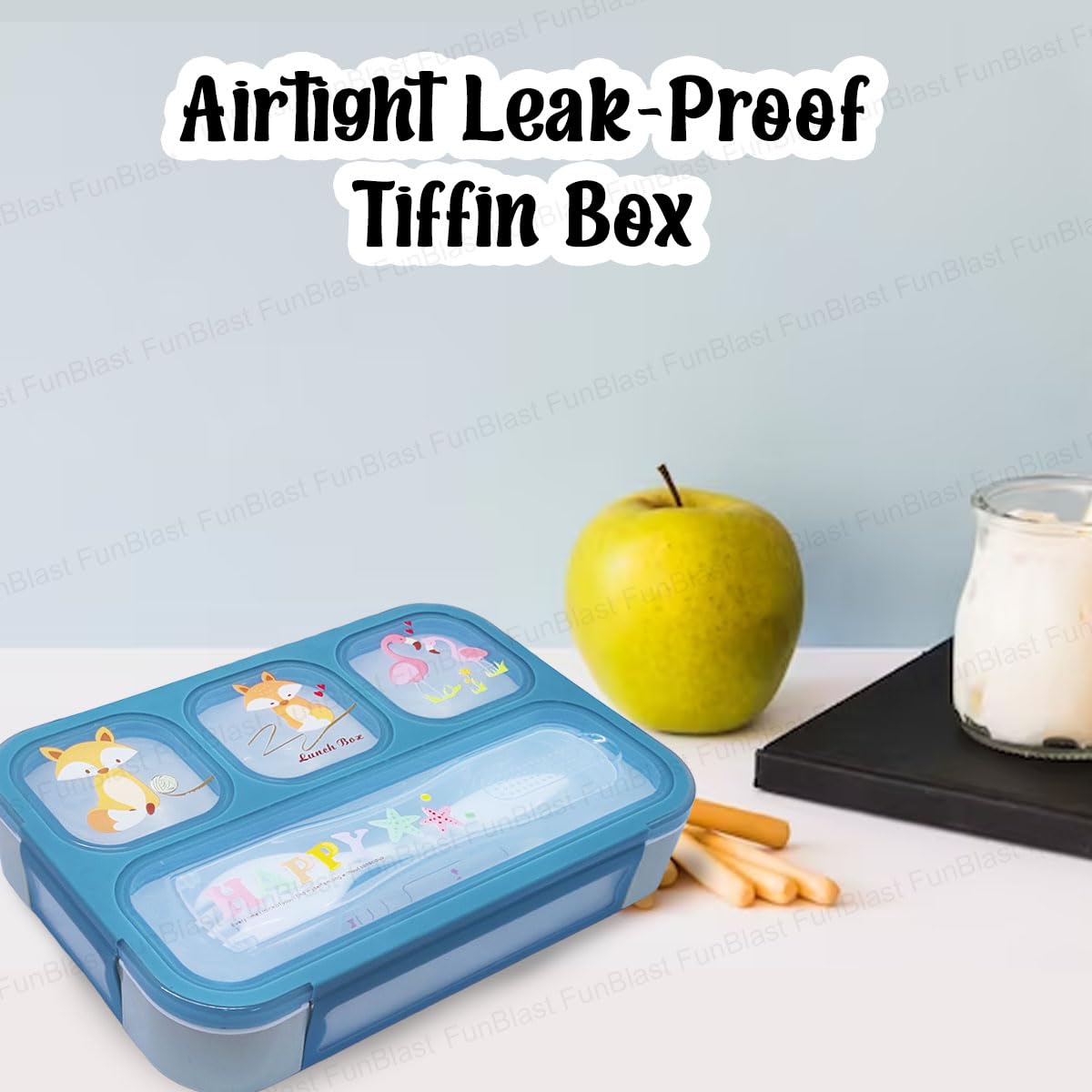 Lunch Box for Kids – Airtight Leak-Proof Tiffin Box, Lunch Box with Fork, Plastic Microwave Safe Tiffin Box with 4 Small Compartment, Bento Box (Blue)