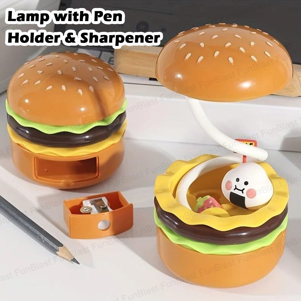 Table Lamp - Burger Design Desk Light for Kids & Adults, Rechargeable Desk Lamp with Pen Holder & Sharpener, Study Desk Light