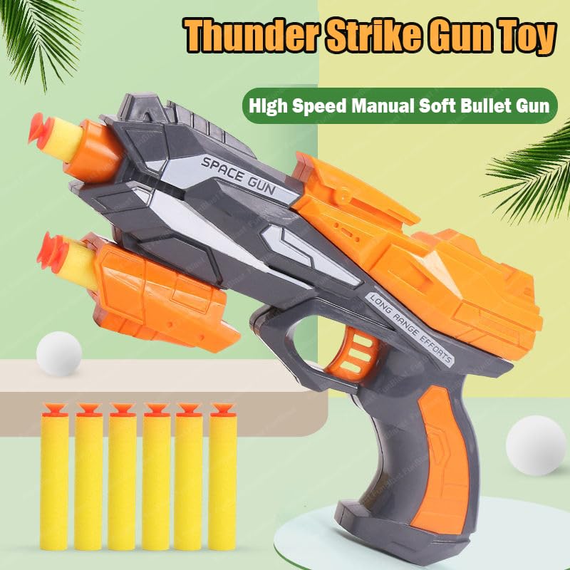 Thunder Strike Gun Toy - High Speed Manual Soft Bullet Gun with 6 Foam Bullets - Long Range Shooting Darts Gun Toy for Kids - Random Color