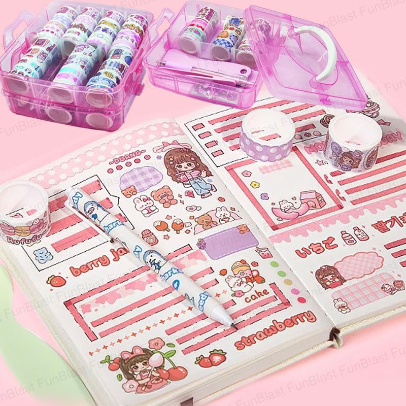 Washi Tape Set - 100 Pcs Designer Decorative Masking Tapes with 20 Pcs Kawaii Stickers, Tweezer, Pen and Spatula in 3 Layer Box, Tapes for DIY Art & Crafts, Wrapping