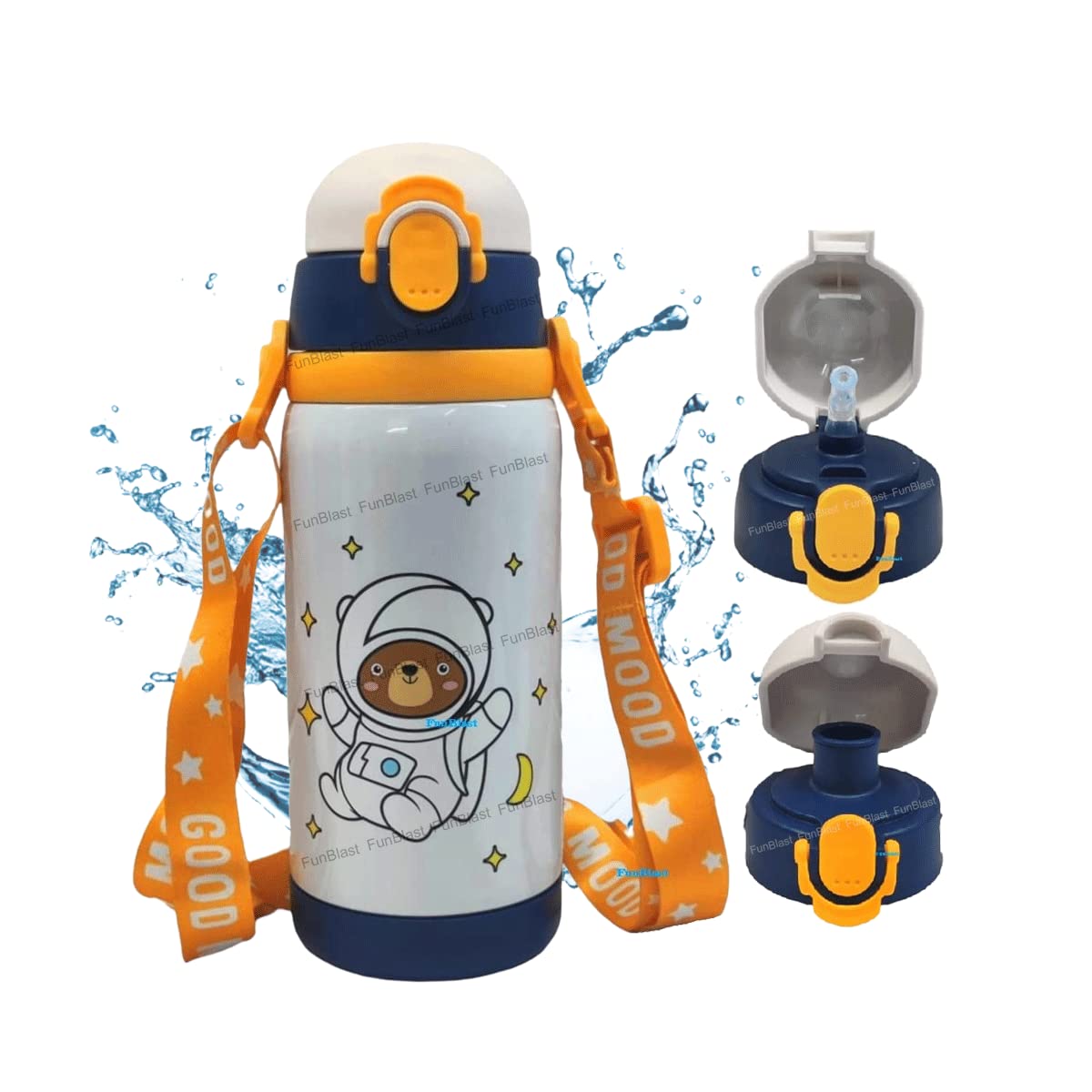 Cartoon Design Hot & Cold Water Bottle for Kids – Dual Cap Bottle with Straw & Wide Mouth Cap – 450ML