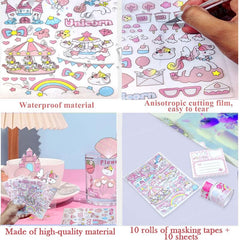 Washi Tape Set and Stickers - Unicorn Theme Washi Tape Set, Designer Decorative Masking Tapes & kawaii Stickers for DIY Arts & Crafts Work, Scrapbooking Bullet Journal Planners