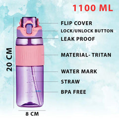 Water Bottle 1100 ML with Straw and Sipper - Tritan Unbreakable Water Bottle Leak Proof Durable BPA Free Non-Toxic Water Bottle for Home, Office, Gym, Trekking (Pack of 1)