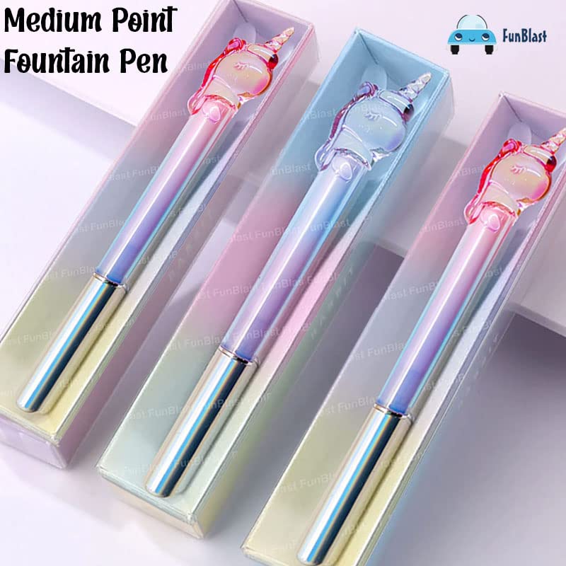 Fountain Pen - Unicorn Fountain Pen Set, Medium Point Nib Fountain Pen set, Pen for School, Office, Kawaii Stationery Set, Birthday Return Gift (1 Pen, 7 Refills-Blue Ink)