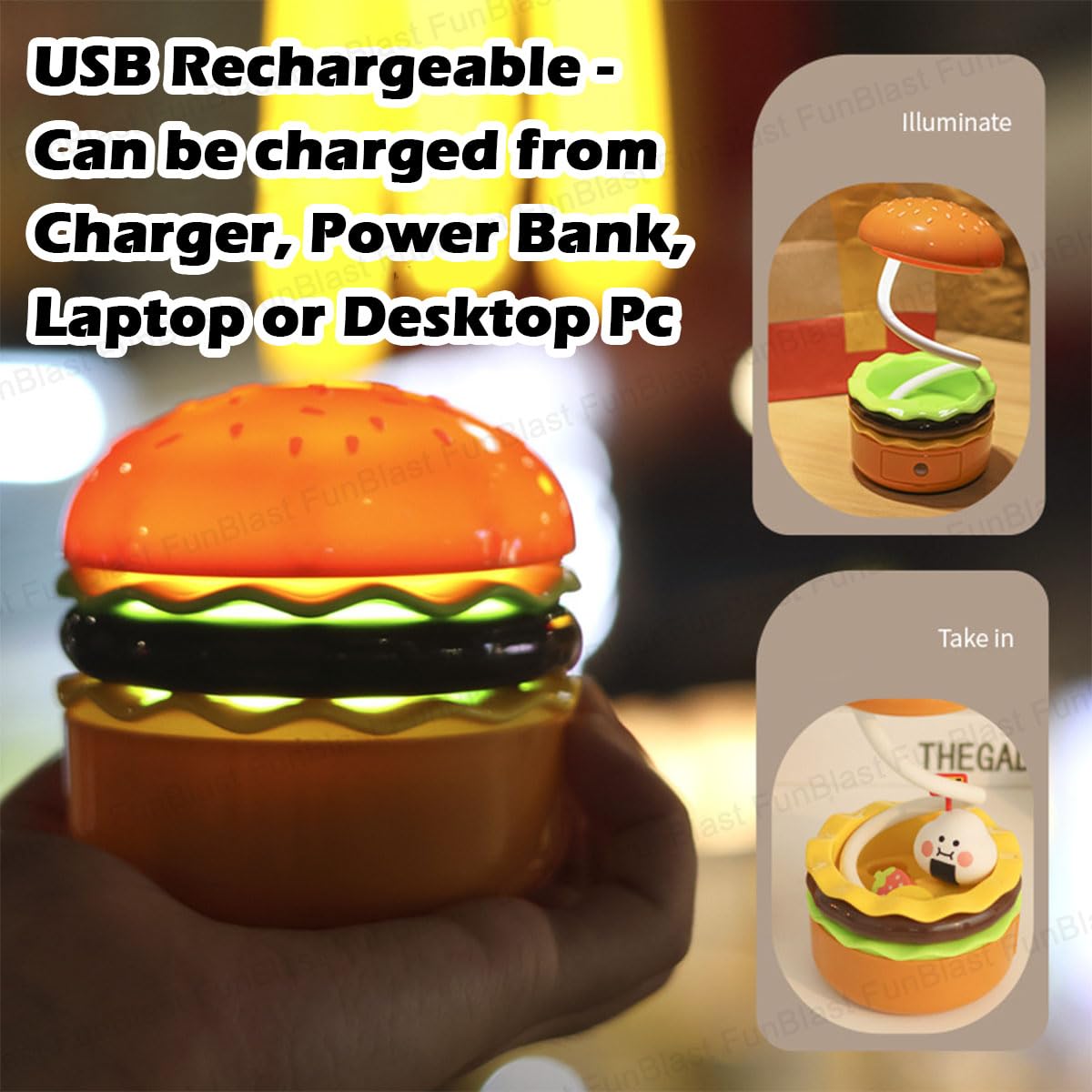 Table Lamp - Burger Design Desk Light for Kids & Adults, Rechargeable Desk Lamp with Pen Holder & Sharpener, Study Desk Light