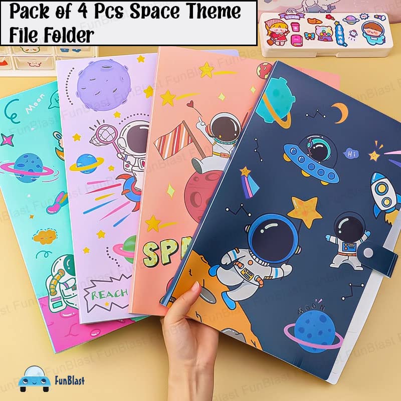 Space Theme File Folder with Button Lock – Pack of 4 Pcs Space Theme Certificates Holder with 6 Pockets