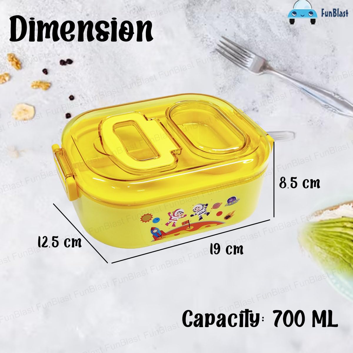 Astronaut and Space Theme Lunch Box with Spoon and 10 Color Ball Pen, Lunch Box for School Kids, SS304 Lunch Box, Tiffin Box for School (Yellow)