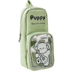 Cartoon Design Hangable Canvas Pencil Pouch for Kids (Green)