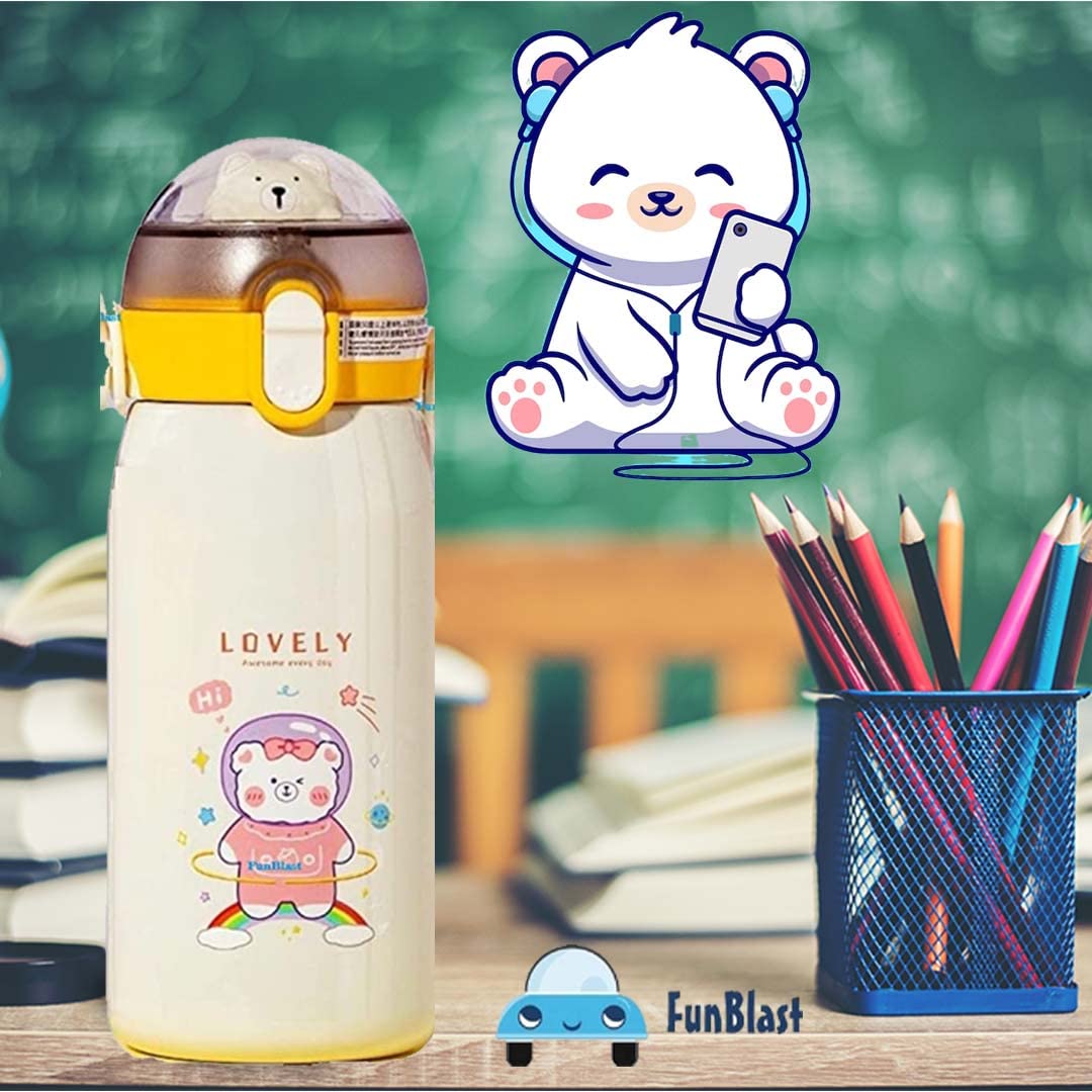 Cartoon Design Hot and Cold Water Bottle for Kids - Double Walled Vacuum Insulated Stainless Steel Bottle, Double-Wall Thermos Flask with Straw (530 Ml)