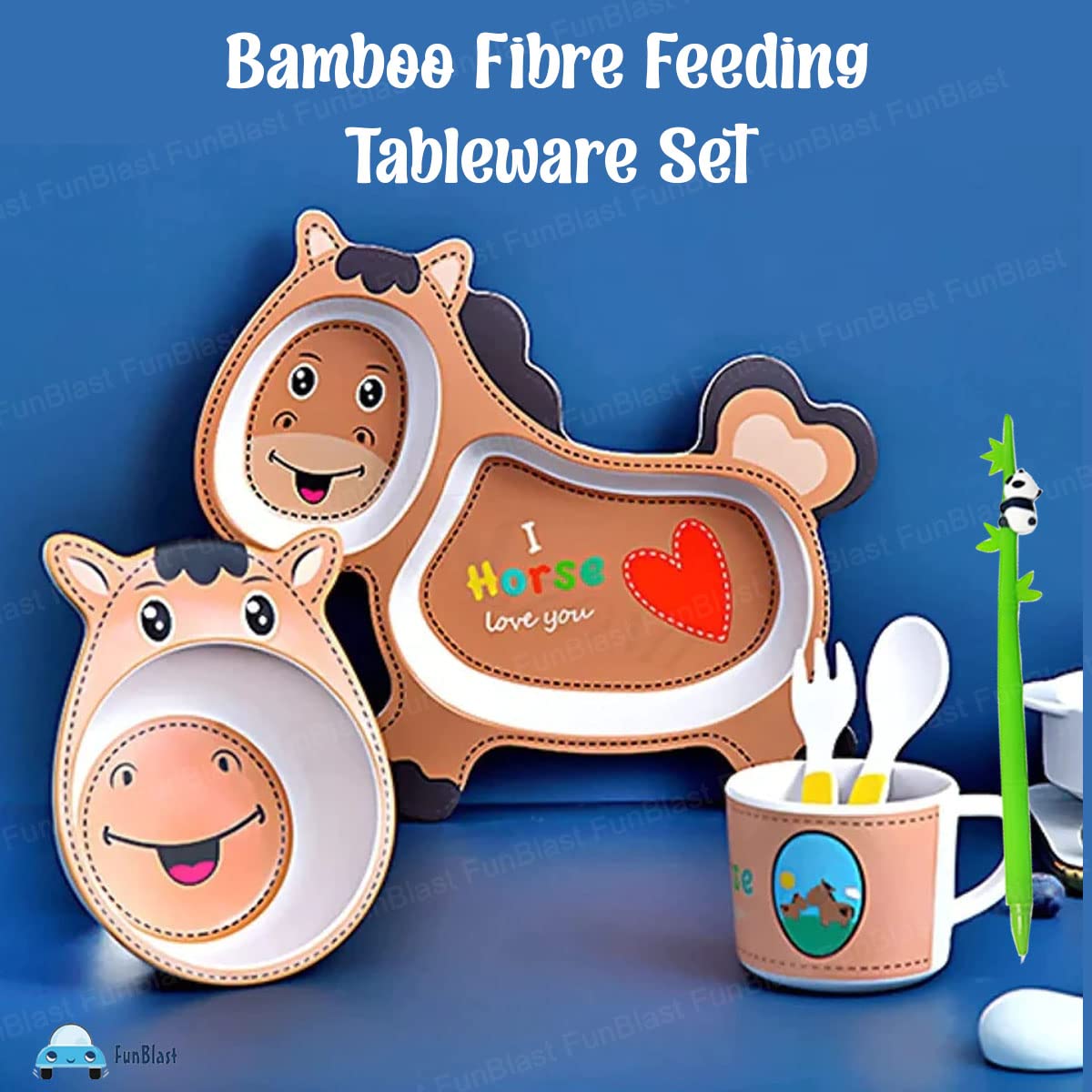 Bamboo Fibre Feeding Tableware Set for Kids – Horse Design Bamboo Fibre Plate, Bowl, Cup, Spoon and Fork for Kids