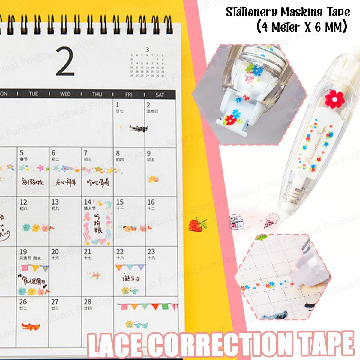 Decoration Tape Cute Novelty Sticker Pen Machine Decorative Correction Tape for Scrapbooking Diary Planner Journal DIY Crafts Stationery Masking Tape (4 Meter X 6 MM) (Random Design)