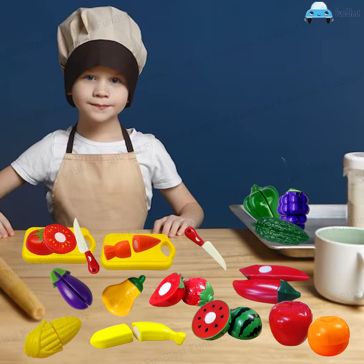 Fruits and Vegetables Play Set Toys - Realistic Sliceable Cutting Fruits and Vegetable Pretend Play Kitchen Toys for Kids, Fruit Vegetable Toys with Chopping Board & Knife