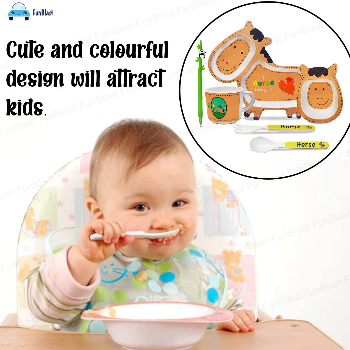 Bamboo Fibre Feeding Tableware Set for Kids – Horse Design Bamboo Fibre Plate, Bowl, Cup, Spoon and Fork for Kids