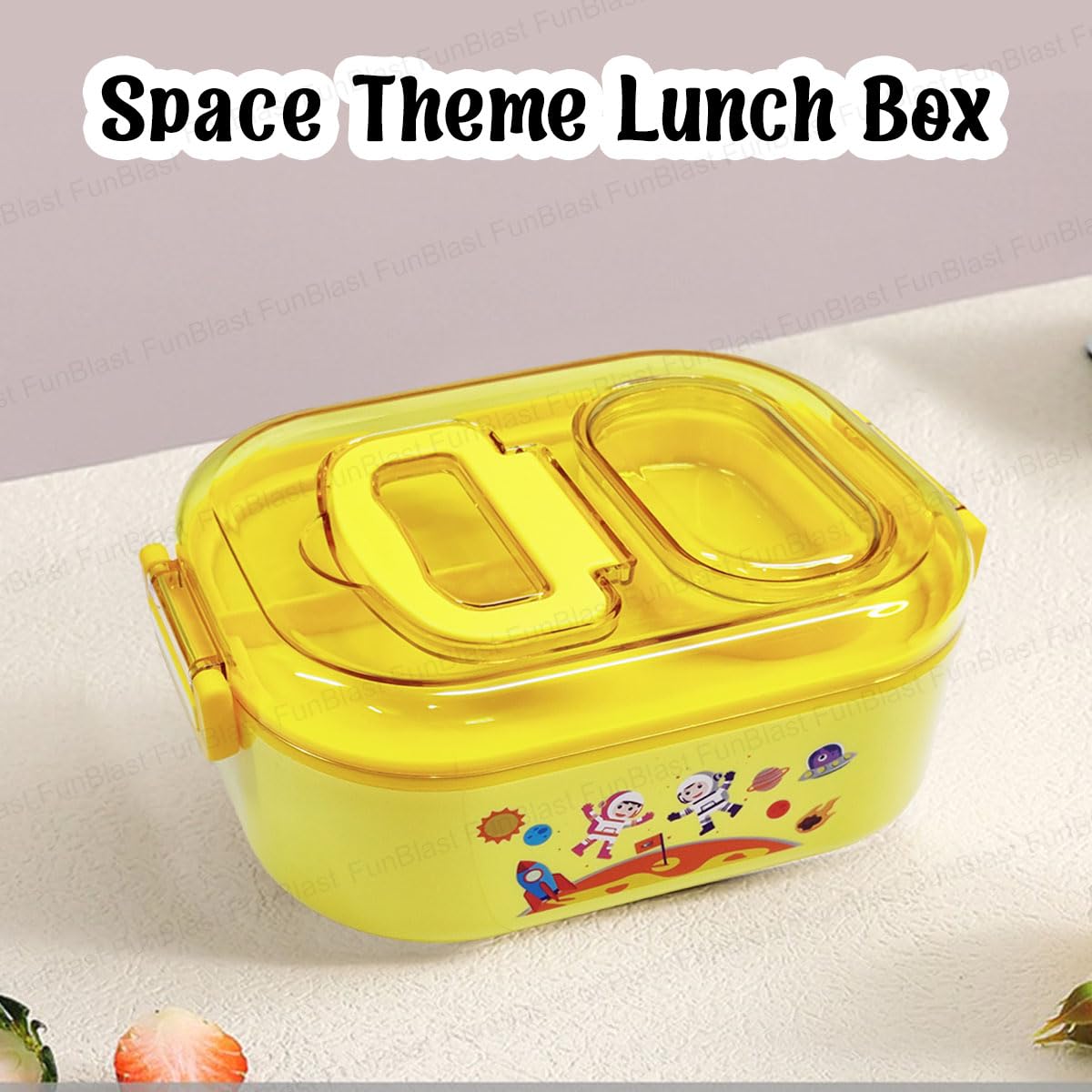 Astronaut and Space Theme Lunch Box with Spoon and 10 Color Ball Pen, Lunch Box for School Kids, SS304 Lunch Box, Tiffin Box for School (Yellow)