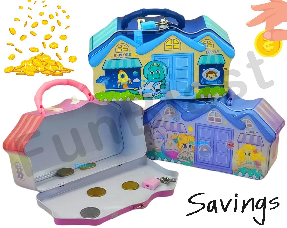 Hut Shaped Coin Box for Kids - Piggy Bank with Key & Lock – Money Saving Metal Coin Bank for Kids, Money Bank, Birthday Return Gift for Kids, Boys, Girls