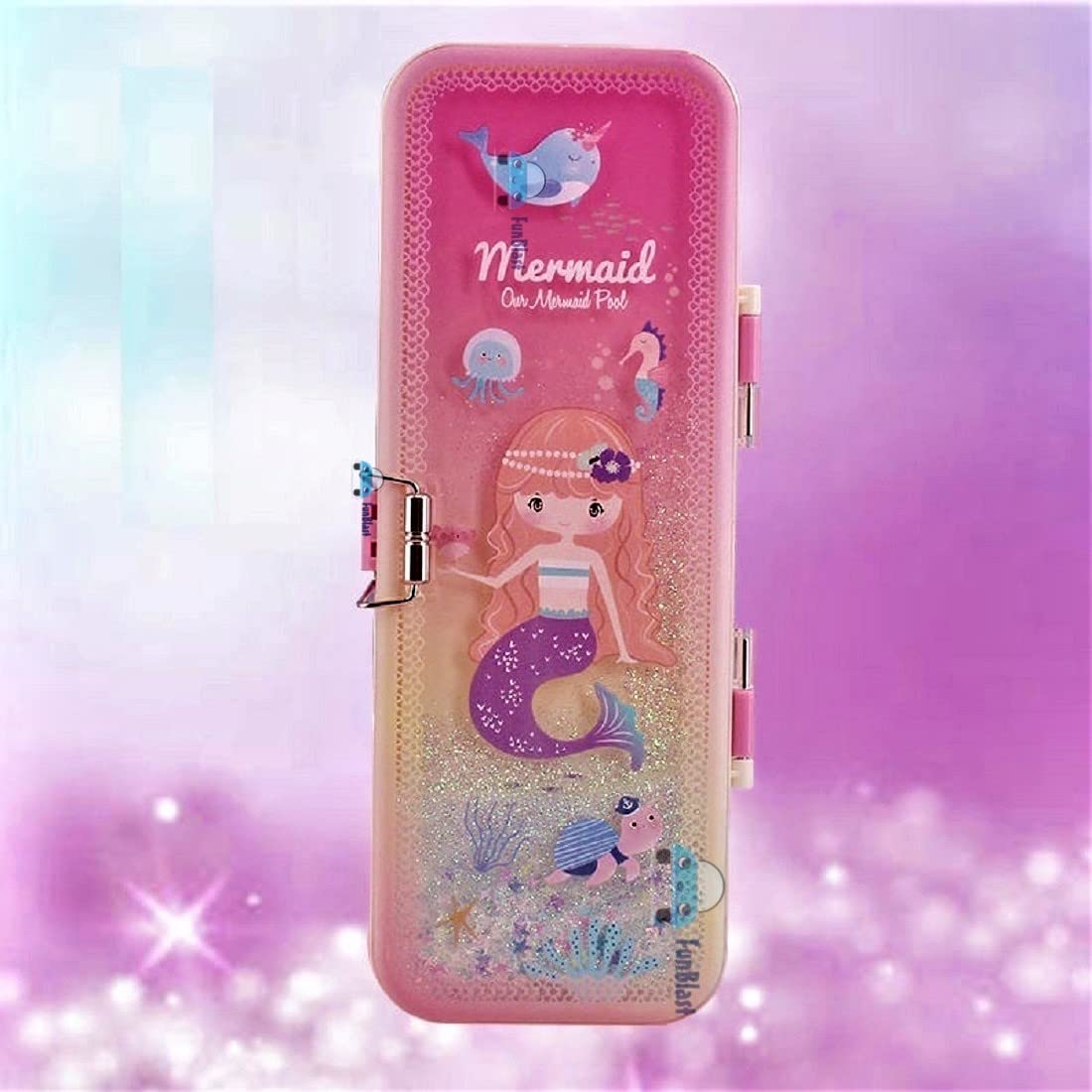 Pencil Box for Girls – Mermaid Pencil Case for Boys and Girls – Double Layer Push Lock Glitter Flow Pencil Box for Kids, Stationery Organizer Box for Girls