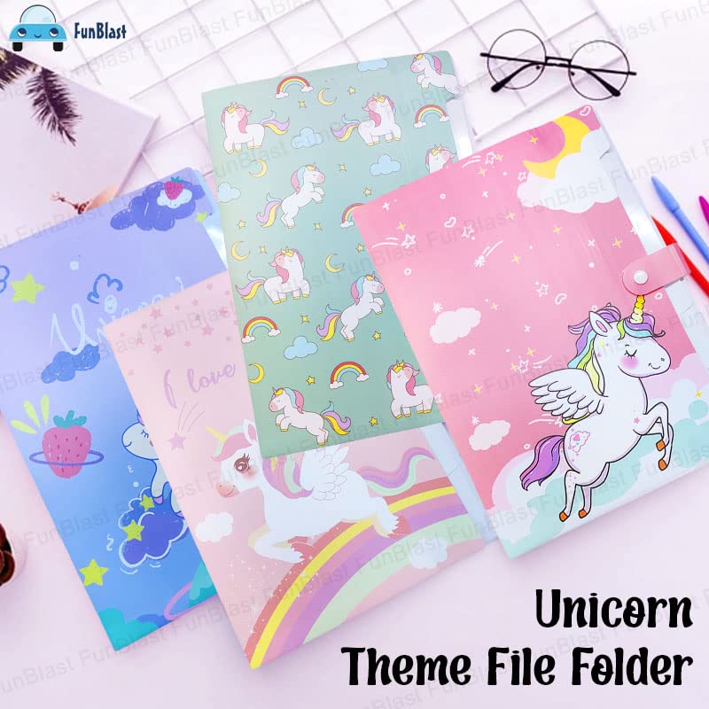 Unicorn File Folder with Button Lock – Pack of 2 Pcs Unicorn Theme Certificates Holder with 6 Pockets, Office Documents File, Expandable Folders for Documents (Pack of 2)