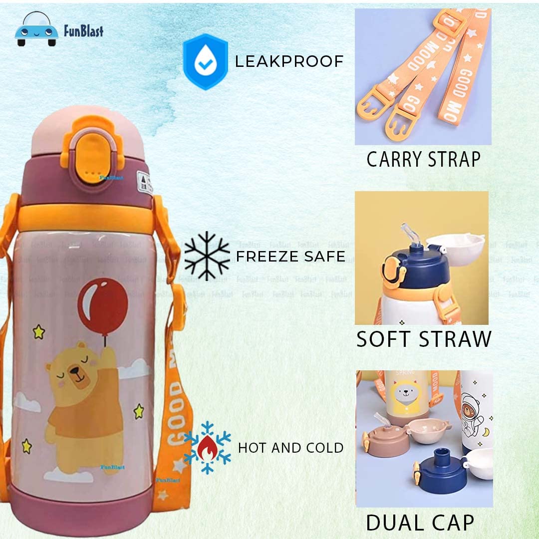 Cartoon Design Hot & Cold Water Bottle for Kids – Dual Cap Bottle with Straw & Wide Mouth Cap – 450ML