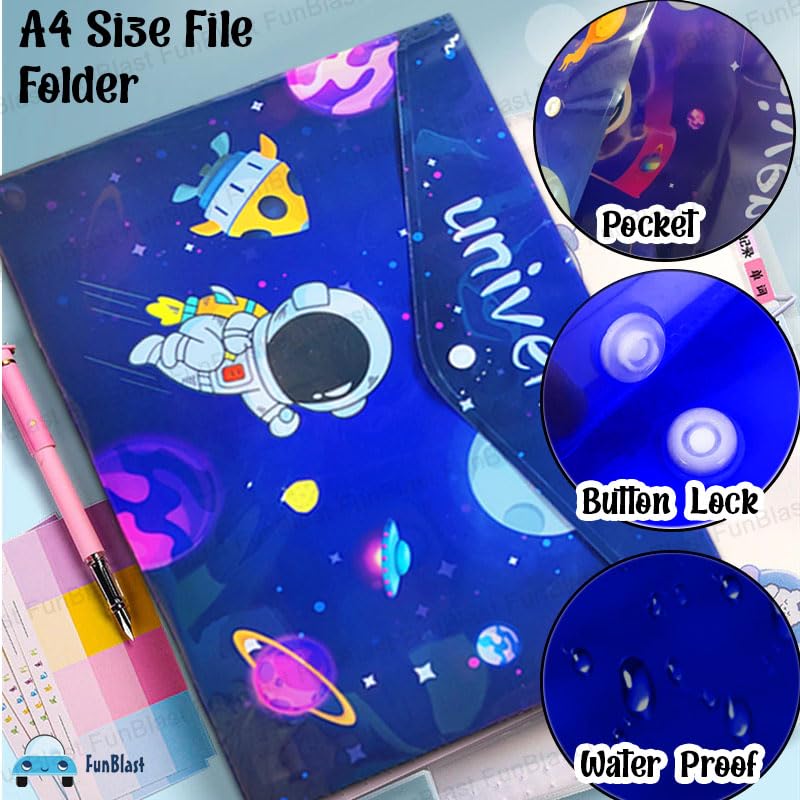 Space Astronaut File Folder with Button Lock – Pack of 12 Pcs Space Theme Certificates Holder, A4 Size Document Organizer Bag - Assorted Design