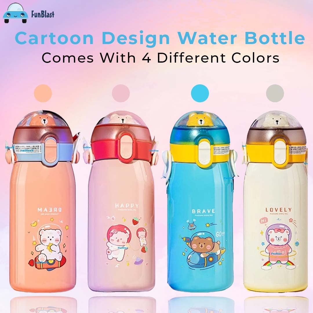 Cartoon Design Hot and Cold Water Bottle for Kids - Double Walled Vacuum Insulated Stainless Steel Bottle, Double-Wall Thermos Flask with Straw (530 Ml)