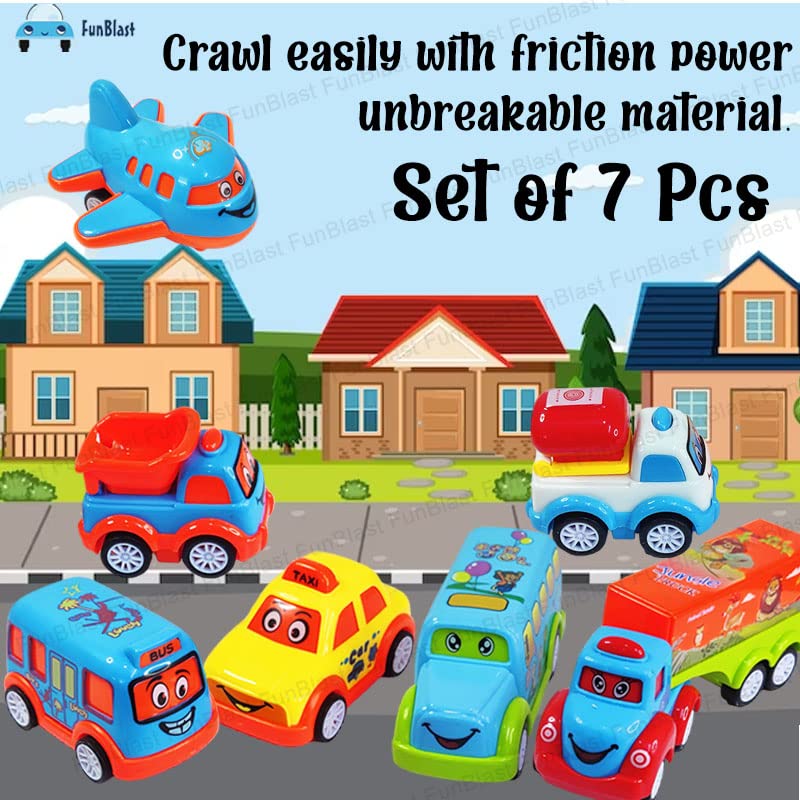 Kids Pull Back Vehicles, Push and Go Crawling Toy Car for Kids & Children (Set of 7 Pcs) - Made in India