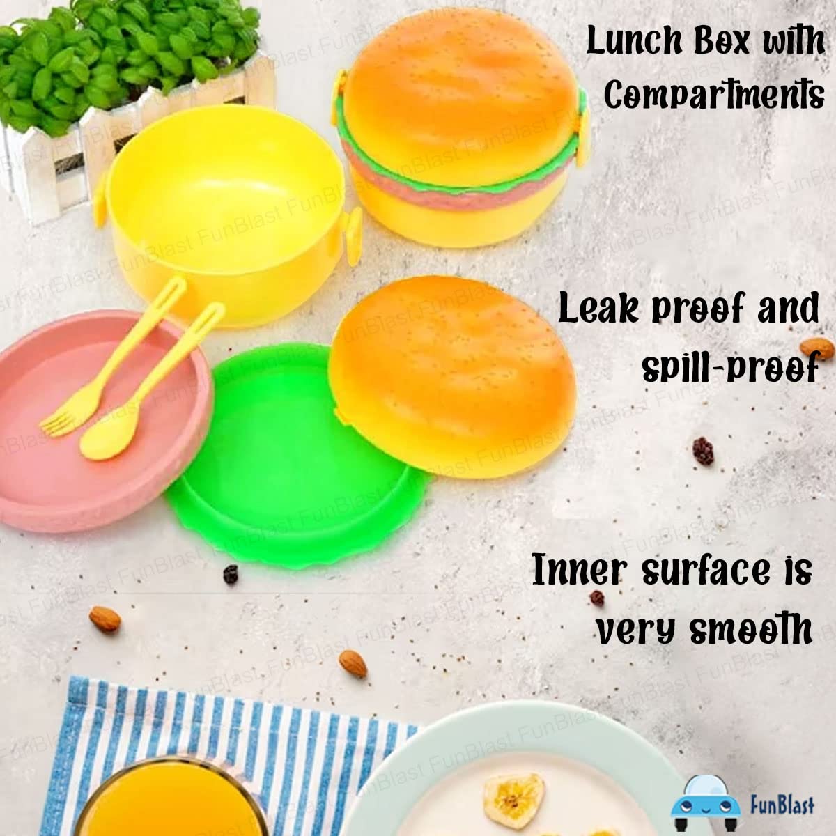 Burger Shape Lunch Box for Kids - Lunch Box for Kids, Tiffin Box, Lunch Box Leak Proof Plastic Lunch Box, Lunch Box with Compartments