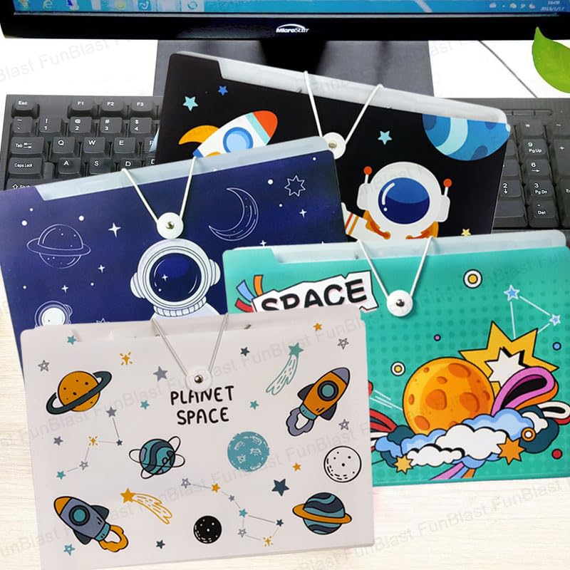 Space Theme File Folder with Elastic Band Lock – Pack of 4 Pcs Space Theme Certificates Holder with 6 Pockets, Office Documents File