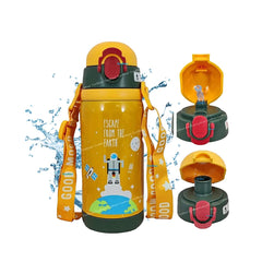 Cartoon Design Hot & Cold Water Bottle for Kids – Dual Cap Bottle with Straw & Wide Mouth Cap – 450ML