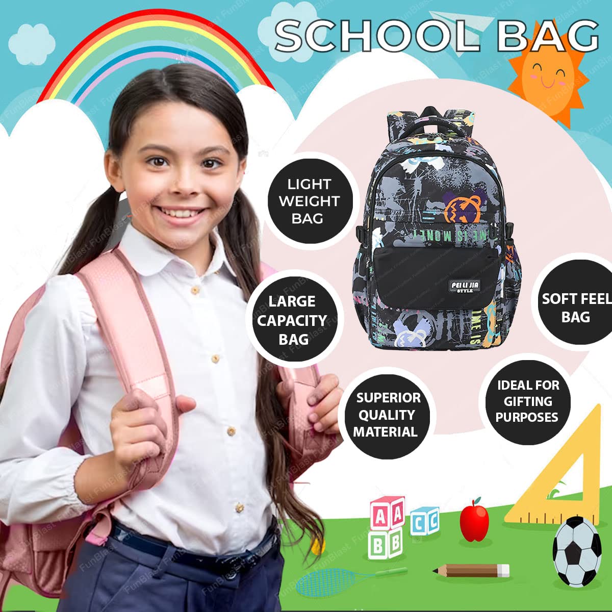 School Bags for Boys, Lightweight School and College Bags, Multipurpose Large Capacity Bag for Boys Girls Kids, Travel Bag, Picnic Bag (46 X 34 X 20 CM)