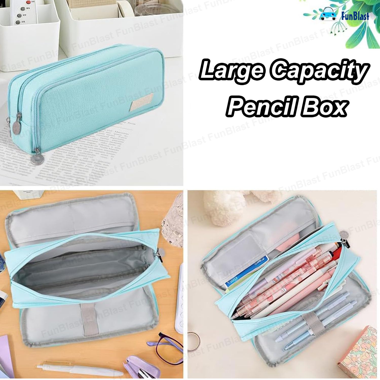 Multi-Compartment Canvas Stationery Organizer Pouch for Kids (Sky Blue)