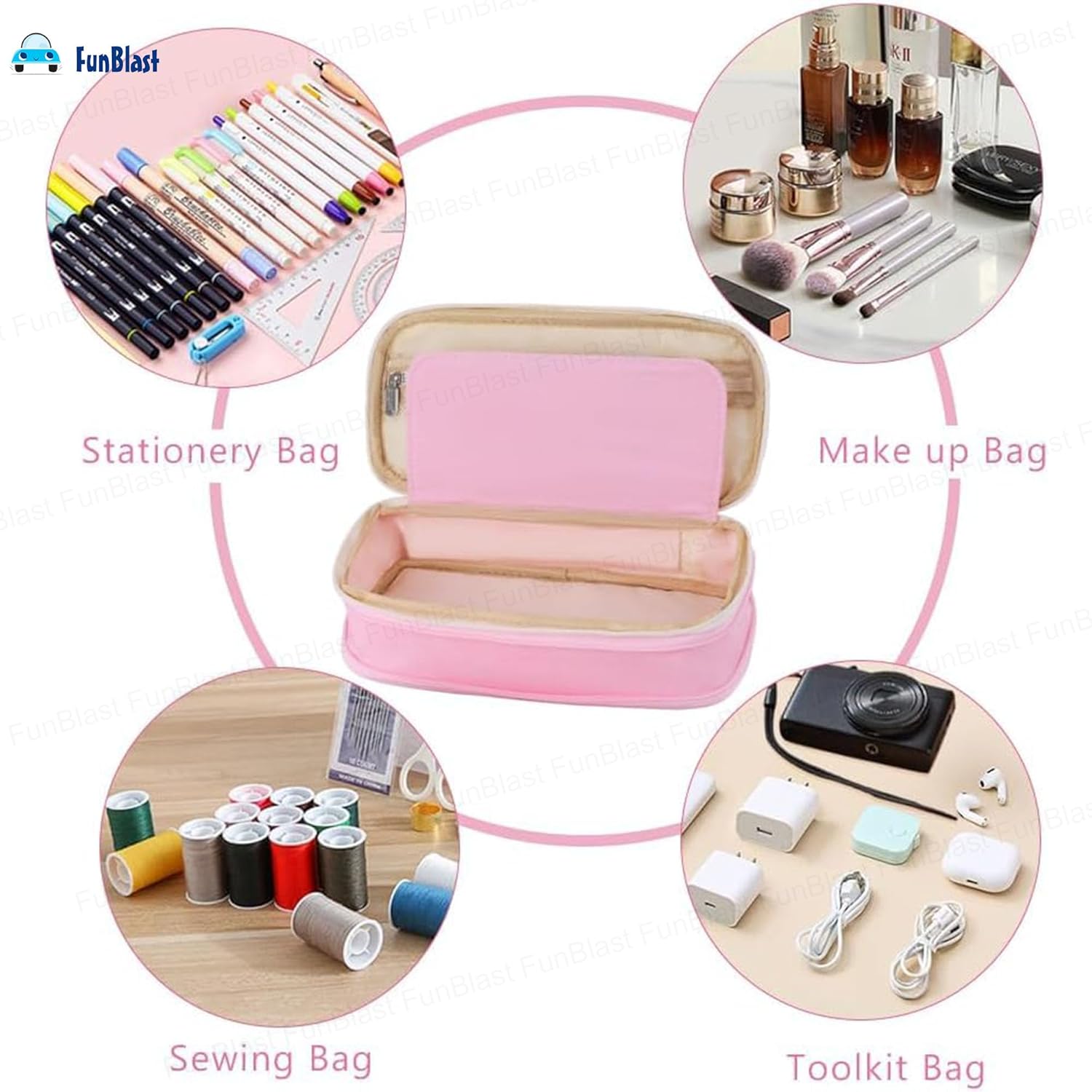 Multi-Compartment Double Zipper Portable Pencil Pouch for Kids (Pink)
