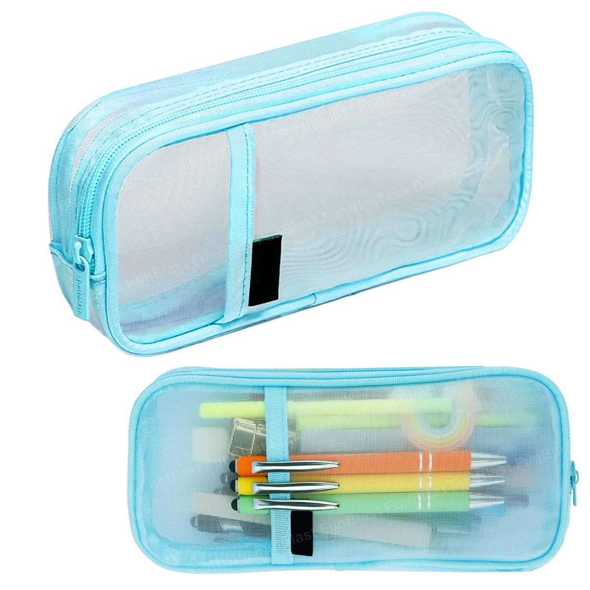 Transparent Pencil Pouch with Zipper Closure for Students (Blue)