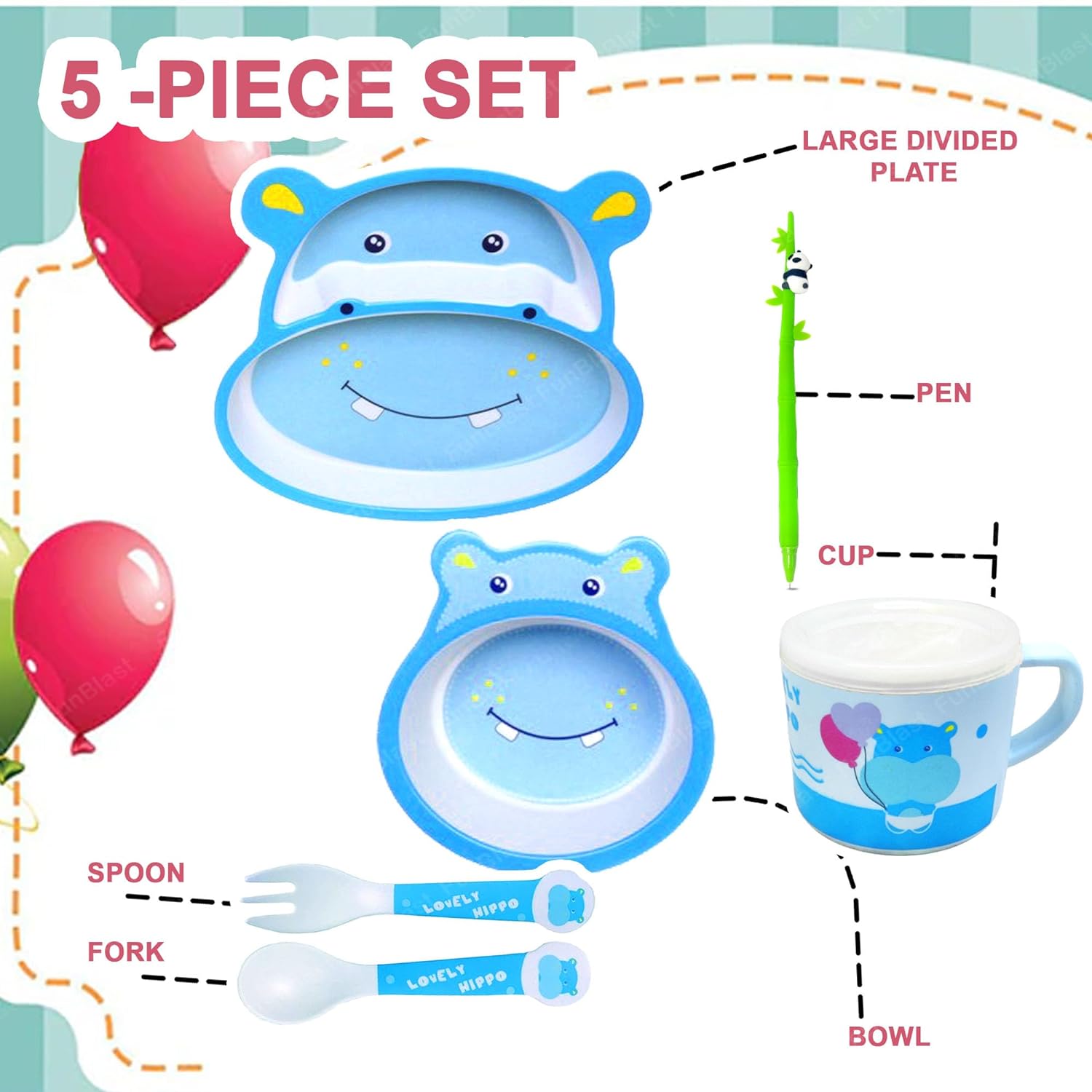 Bamboo Fiber Feeding Tableware Set for Kids – Hippo Design Bamboo Fiber Plate, Bowl, Cup, Spoon and Folk Kids Feeding Set