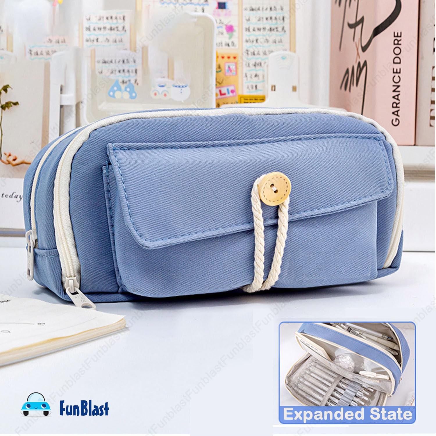 Large Capacity Stationary Organizer Pencil Pouch for Kids (Blue)