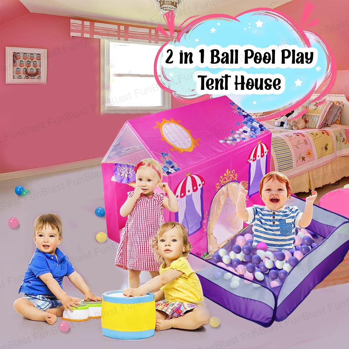 2 in1 Ball Pool Play Tent House - Sweet Villa Ball Pool Play Tent House, Pop Up Play Ball Pool Tent House for Kids