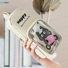 Cartoon Design Hangable Canvas Pencil Pouch for Kids (OffWhite)