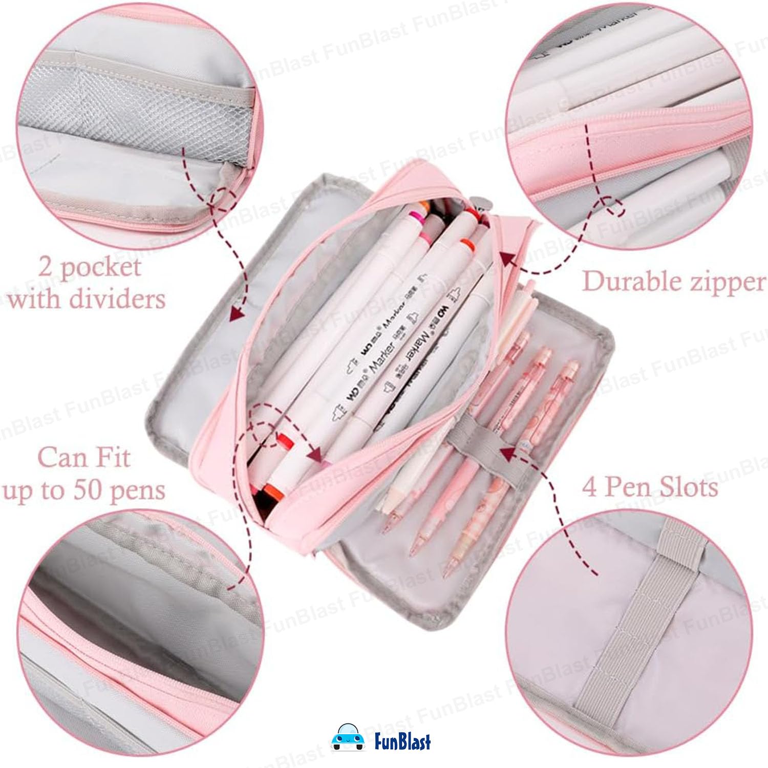 Multi-Compartment Canvas Stationery Organizer Pouch for Kids (Pink)