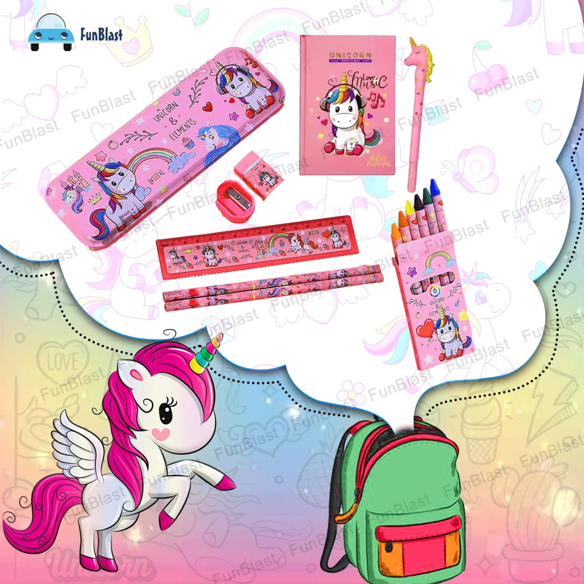 Unicorn Stationary Kit for Girls Pencil Pen Book Eraser Sharpener