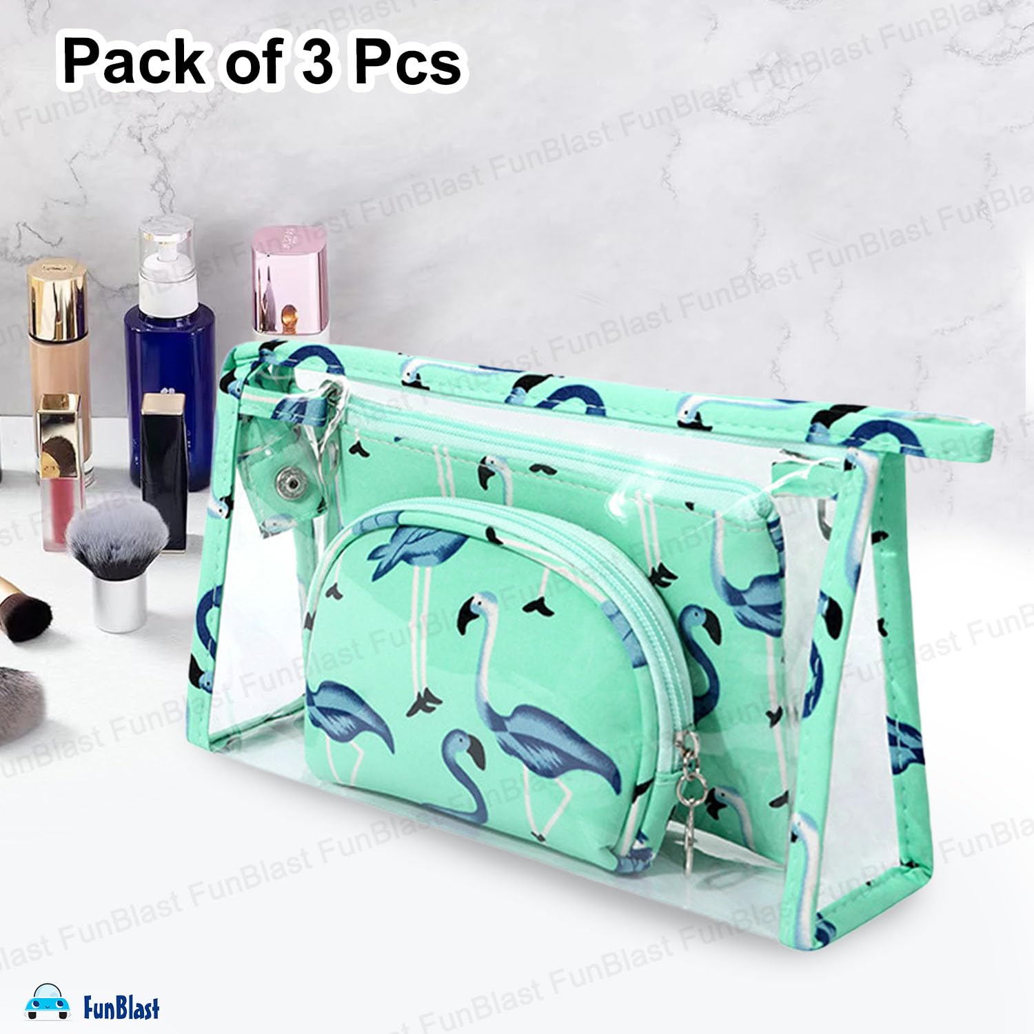 3 Pcs Flamingo Makeup Pouch with Zipper Lock for Girls & Women (Green)
