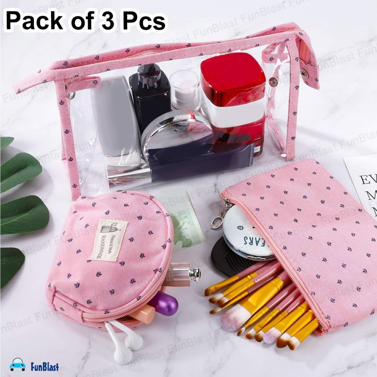 3 Pcs Cosmetic Makeup Pouch with Zipper Lock for Women (Pink)