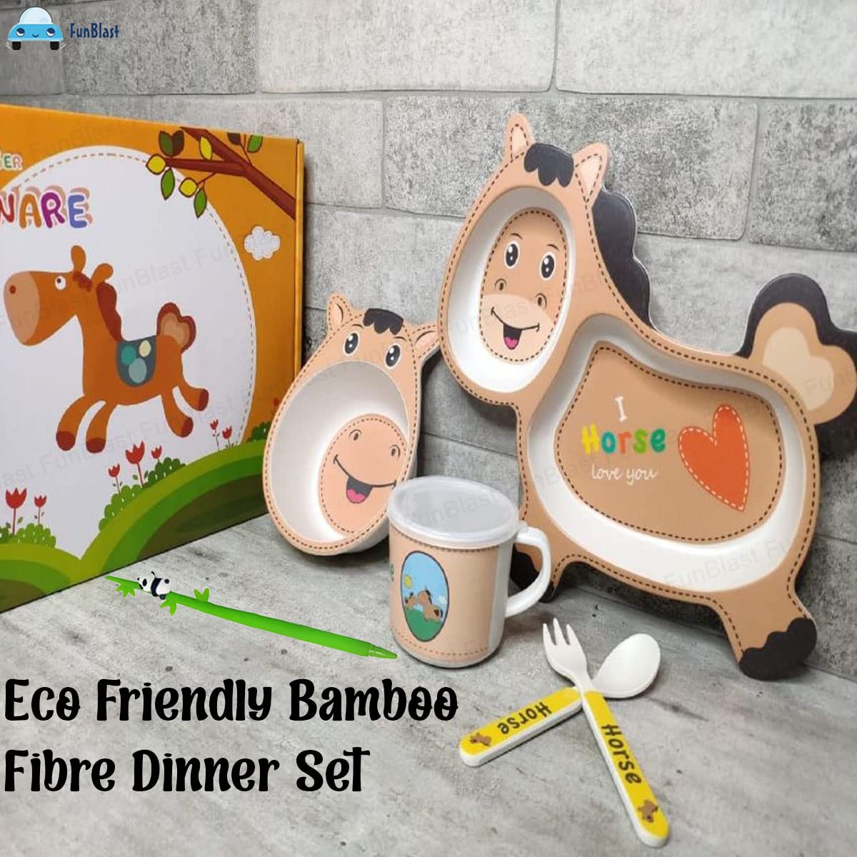 Bamboo Fibre Feeding Tableware Set for Kids – Horse Design Bamboo Fibre Plate, Bowl, Cup, Spoon and Fork for Kids