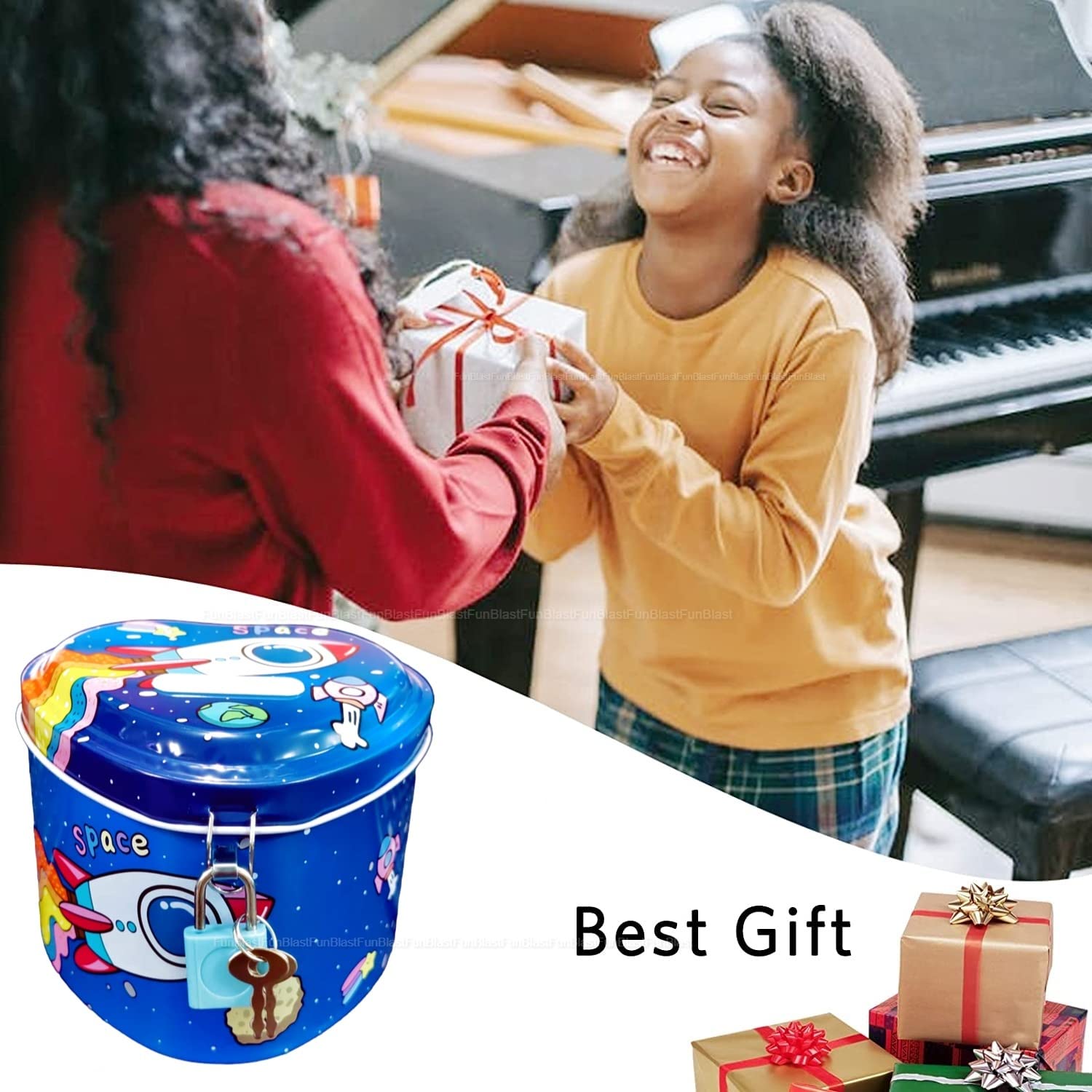 Piggy Bank for Kids – Space Money Saving Tin Coin Bank with Lock and Key – Birthday Return for Boys & Girls, Money Bank, Coin Box for Kid