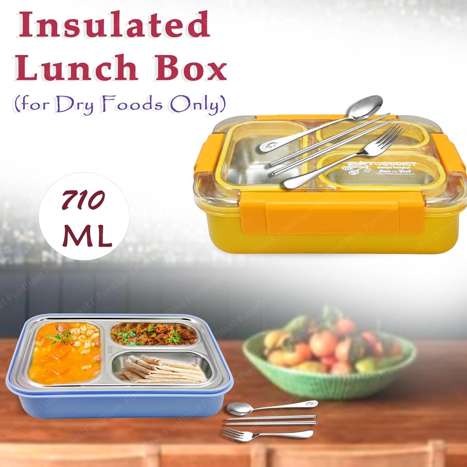 Lunch Box for Kids – Tiffin Box, Stainless Steel Lunch Boxes for Office Men, 3 Compartment Lunch Box with Spoon, Fork & Chopstick (-Random Color)