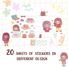 Cute Cartoon Theme Kawaii Stickers - 20 PET Sheets Cute Washi Stickers for Project, Japanese Style Girls Sticker Set, Size of Each Sheet - 40 X 8 CM (Color and Design May Vary)