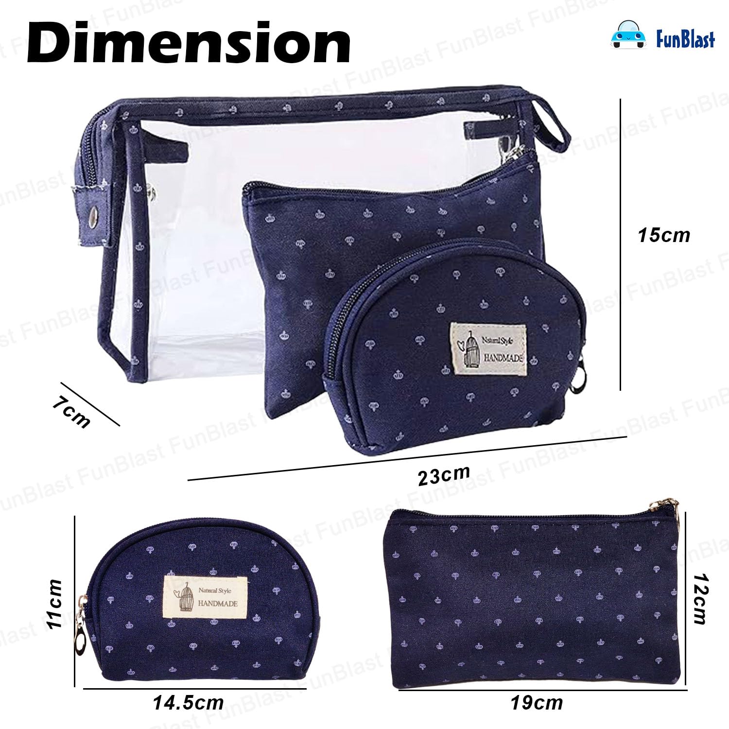 3 Pcs Cosmetic Makeup Pouch with Zipper Lock for Women (Blue)